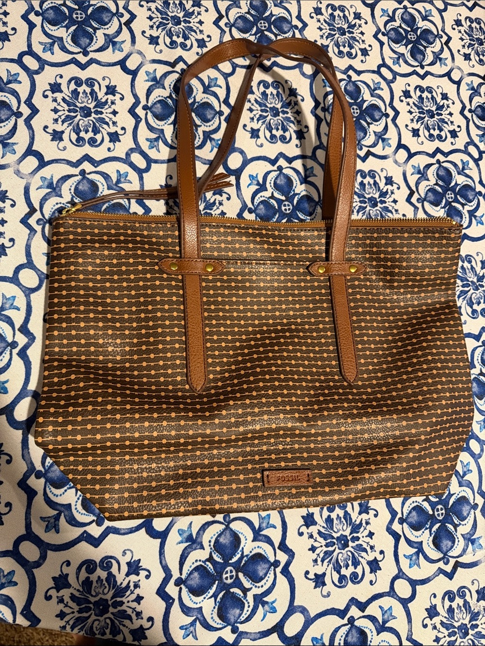 Fossil Brown Leather Patterned Bag with Tan Handles